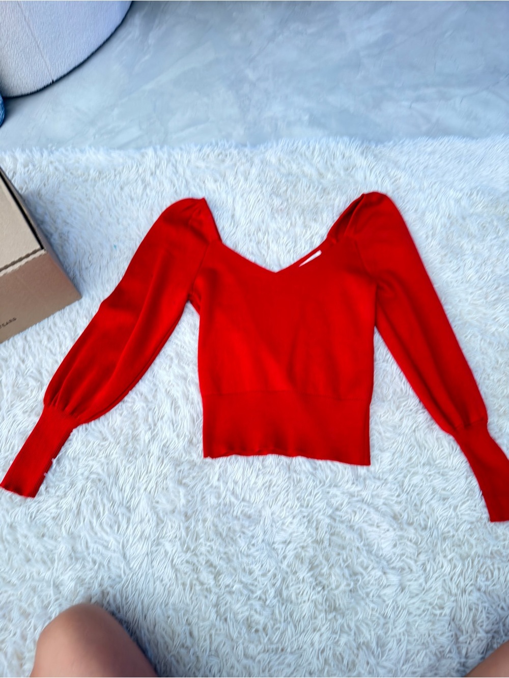 Anthropologie Red V-Neck Puff Sleeve Sweater